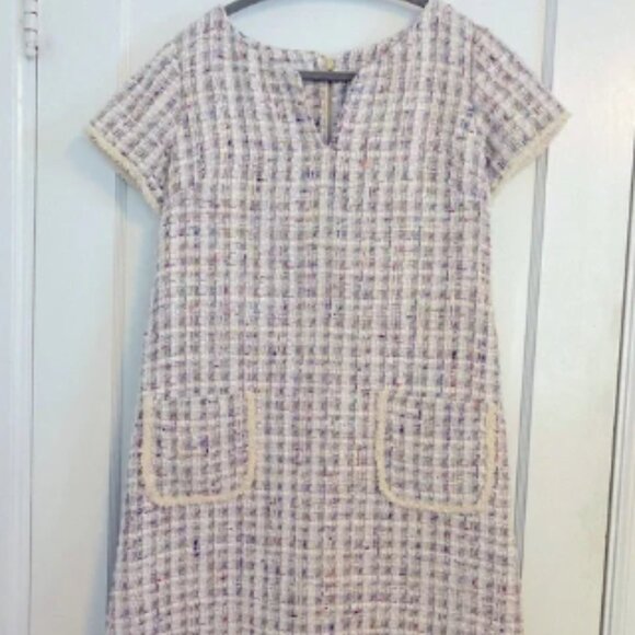 Sara Campbell Cream Multi Tweed Sheath Dress Lined Cap Sleeves Pockets USA - Picture 1 of 6